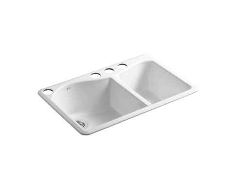 KOHLER K-5841-4U-0 Lawnfield Undercounter Offset Double Basin Sink with Four-Hole Faucet Drilling, White