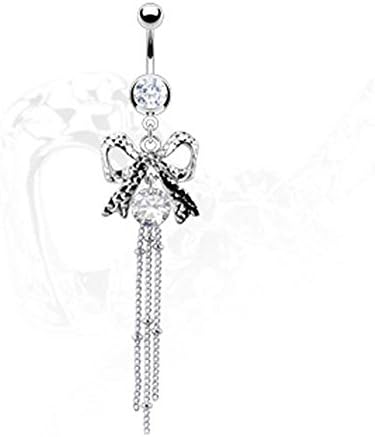 Stainless Steel Navel Belly Button Ring with Textured Bow Tie with Beaded Chain Drop CZ