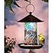 Premium Handcrafted Mosaic Glass Bird Feeder - Solar Powered = Glows at Night - Garden Birdfeeder for Outside - UPDATED 12/18 (Easy Fill, Bright Light) - Hanger Included - Hang on Pole or Near Window
