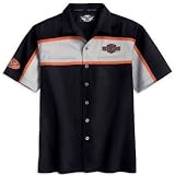 Harley-Davidson® Men's Short Sleeve Colorblocked Black Garage Shirt. Patch and embroidery. 99043-09VM