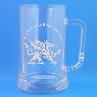1 Pint Glass Tankard With Welsh Dragon Design and Engraving