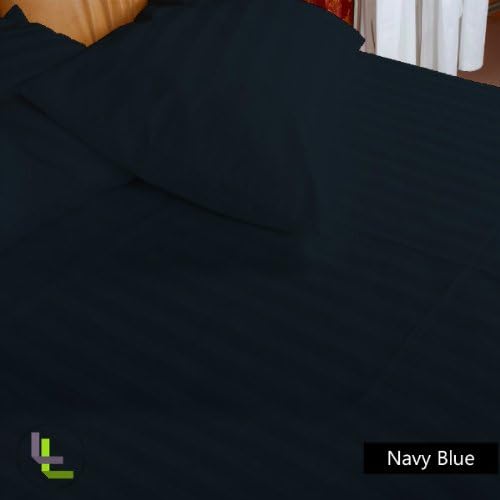 Short King 600TC Navy Blue Stripe Magnificent 3PCs Fitted Sheet Stripe (Pocket Size: 17 inches)