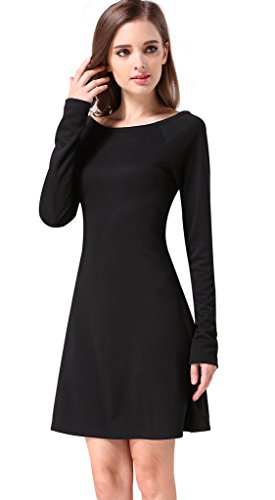 Honeykoko Women's Casual slim fit Dress long Sleeve Solid Flare A-line Dresses