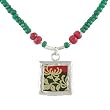 Square Reversible Red and Green Flower Pendant in Sterling Silver on an Emerald and Ruby Gemstone Bead Choker Necklace with Gold Vermeil and Sterling Accents, #7795