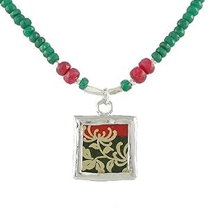 Square Reversible Red and Green Flower Pendant in Sterling Silver on an Emerald and Ruby Gemstone Bead Choker Necklace with Gold Vermeil and Sterling Accents, #7795