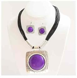 Silver Casting Purple Stone Necklace and Earrings Set Fashion Jewelry