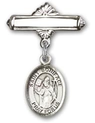Sterling Silver Baby Badge with St. Boniface Charm and Polished Badge Pin