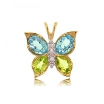 Gold Butterfly Pendant w Topaz Peridot & Diamonds