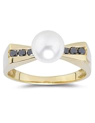 0.16 Cts Black Diamond & 7 mm Pearl Ring in 14K Yellow Gold