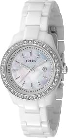 Fossil #ES2437 Women's White Acrylic Crystal Accented Bezel MOP Dial Watch