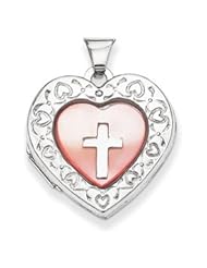 Genuine IceCarats Designer Jewelry Gift Sterling Silver Pink Mother Of Pearl With Cross 21Mm Heart Locket
