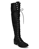 Breckelle AF57 Women Leatherette Military Lace Up Knee High Boot - Black (Size: 6.0)