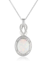 Sterling Silver Oval Created Opal Diamond Pendant Necklace, 18"