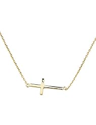 .925 Sterling Silver Gold Coated Cross Pendant Necklace with 1mm Angled Dia-cut Cable Rolo Chain - 16"+1" Inches Extension