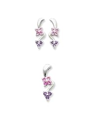 Sterling Silver Pink & Purple Cz Flower Earrings And Pendant Set, Best Quality Free Gift Box Satisfaction Guaranteed
