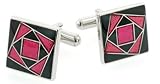 Dramatic silver plated cufflinks with abstract designs of black and pink enamel with presentation box.
