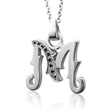 Men's Sterling Silver Alphabet Initial Letter M Black Diamond Pendant Necklace-0.07carat