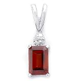 Sterling Silver Cubic Zirconia Rhodium Plated Pendant with Rectangular Shaped Garnet Colored Semi-Precious Stone.