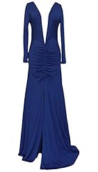 V-neck Polyester/Spandex Long Sleeves Slit Ruched Backless Cocktail Floor Length Party Dress 