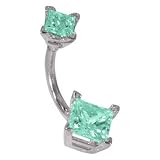 14G 3/8 - Double Princess Cut Aquamarine Solid 14K White Gold Belly Ring - (March)