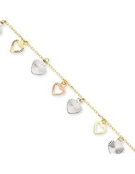WomenS Heart Design Anklet in 14kt Rose, White and Yellow Gold - Tri-Tone