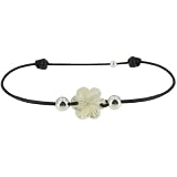 Bijoux Les Poulettes - Bracelet Fleur de Nacre Ivoire et Perles d'Argent-Lien Noir