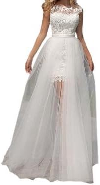 Keting Women's Two Piece High Low Lace Wedding Dress With Detachable Tulle Skirt White US2