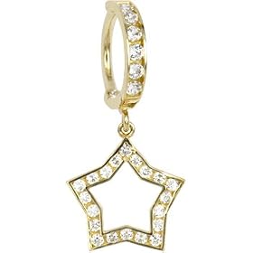 Solid 14KT Yellow Gold Cubic Zircnoia HOLLOW STAR Hoop Belly Ring by 
