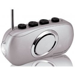 Click here to buy Hand Crank Radio with LED Flashlight -Silver (Silver) (2.7H x 5.5W x 1.3D) by Dynamo.