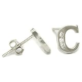 14K White Gold Round Cut Cubic Zirconia CZ Block Letter C Initial Stud Earrings