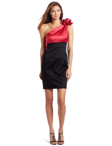 Jax Women's Satin One Shoulder Dress, Black/Plummeria, 2