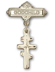 14K Gold Baby Badge with Greek Orthadox Cross Charm and Godchild Badge Pin