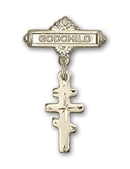 Gold Filled Baby Badge with Greek Orthadox Cross Charm and Godchild Badge Pin