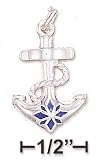 Sterling Silver 22mm Long Anchor Charm With Blue Enamel Floral Design