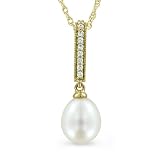 White Sapphire and Pearl Necklace with 10k Yellow Gold Chain, 18