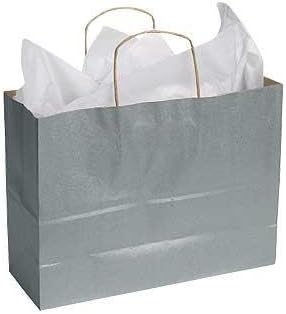 Large Metallic Silver Paper Shopper,• 16" X 6" X 12" (Vogue) • 70# Paper Weight ,• Case of 25,the Silver Metallic Kraft Paper Shopping Bags Are Perfect for Any Retail Store. It's Easy to Offer Your Customers a Convenient Way to Carry Purchases. Just Add Tissue Paper, and These Stylish Bags Become Gift Bags! Featuring a Gusset and Handles, These Paper Shopping Bags Are Easy to Fold up and Store Away, and Convenient to Pull Out When Needed. More Tear Resistant Than Traditional Paper Bags, the Kraft Shopping Bags Will Hold More Items and Heavier Purchases