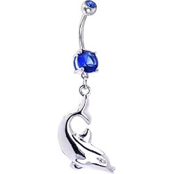 Sapphire Blue Gem Dolphin Drop Belly Ring