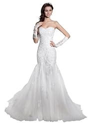 Strapless Sweetheart Mermaid Beaded Lace-Up Applique Satin Spring Fall Wedding Dress  with a Court Train 