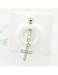 14K White Gold CZ Cross Belly Button Pin