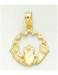 14k Gold Necklace Charm Pendant, Irish Claddagh In Circle Lace Trim High Polish