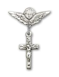 Sterling Silver Baby Badge with Crucifix Charm and Angel with Wings Badge Pin