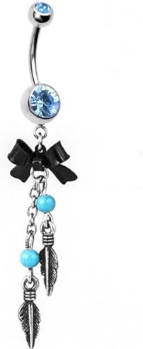 Leafs Dangle with a Bow Aqua Crystal 14 Gauge