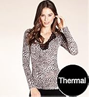 Heatgen V Neck Long Sleeve Animal Print Cut Out Lace Thermal Top