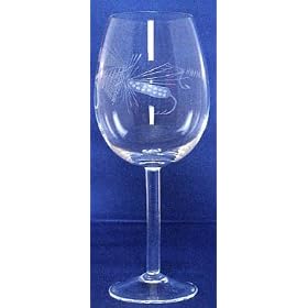 Individually Hand Etched Fishing Fly White Wine Glass 9" Set / 4