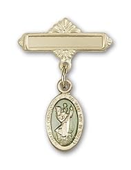 Gold Filled Baby Badge with Blue St. Christopher Charm and Polished Badge Pin