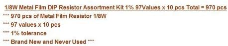 1% 1/8W Metal Film Resistor Assorted Kit 97 value total each 10pcs 0.125W DIP