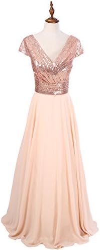 Desimpler Women's Double V Sequin Chiffon Long Evening Prom Dress with Sleeves (US 18W, Pink)