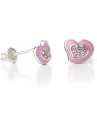 Kids Earrings - Sterling Silver 14k Gold Plated Pink Enamel Heart Secure Screw Back Earrings Made With Swarovski Elements kids, children, girls, baby (Chanteur)