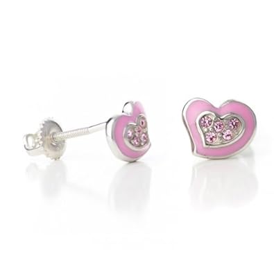 Cheap Girls Jewelry Kids Earrings - Sterling Silver 14k Gold Plated Pink Enamel Heart Secure Screw Back Earrings Made With Swarovski Elements kids, children, girls, baby (Chanteur) For Sale