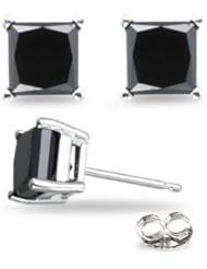 3/4 (0.71-0.80) Cts of 3.40-3.70 mm AA Princess Black Diamond Stud Earrings in 18K White Gold